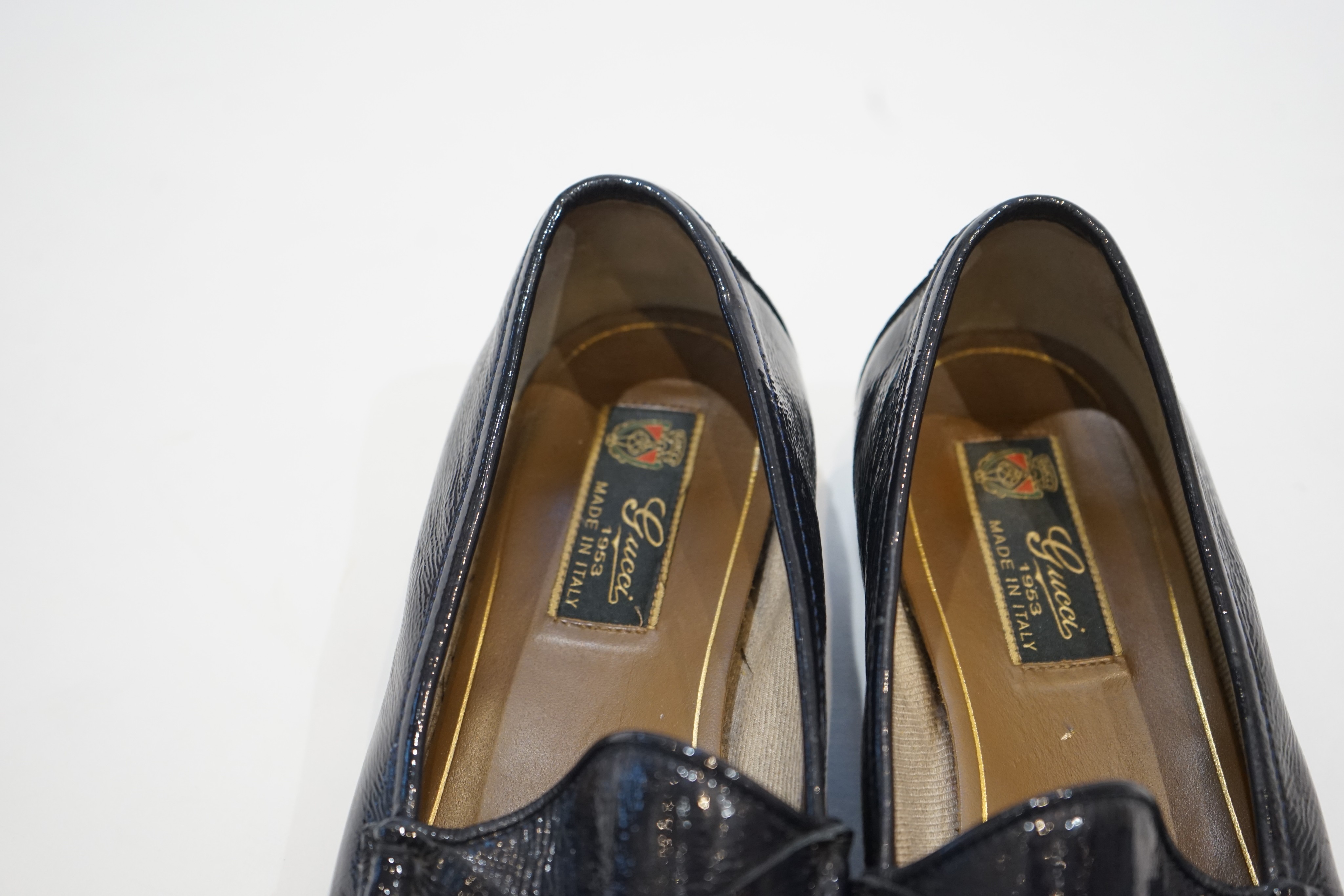 A pair of ladies Gucci Flat Loafer Navy size 41 with bag on box